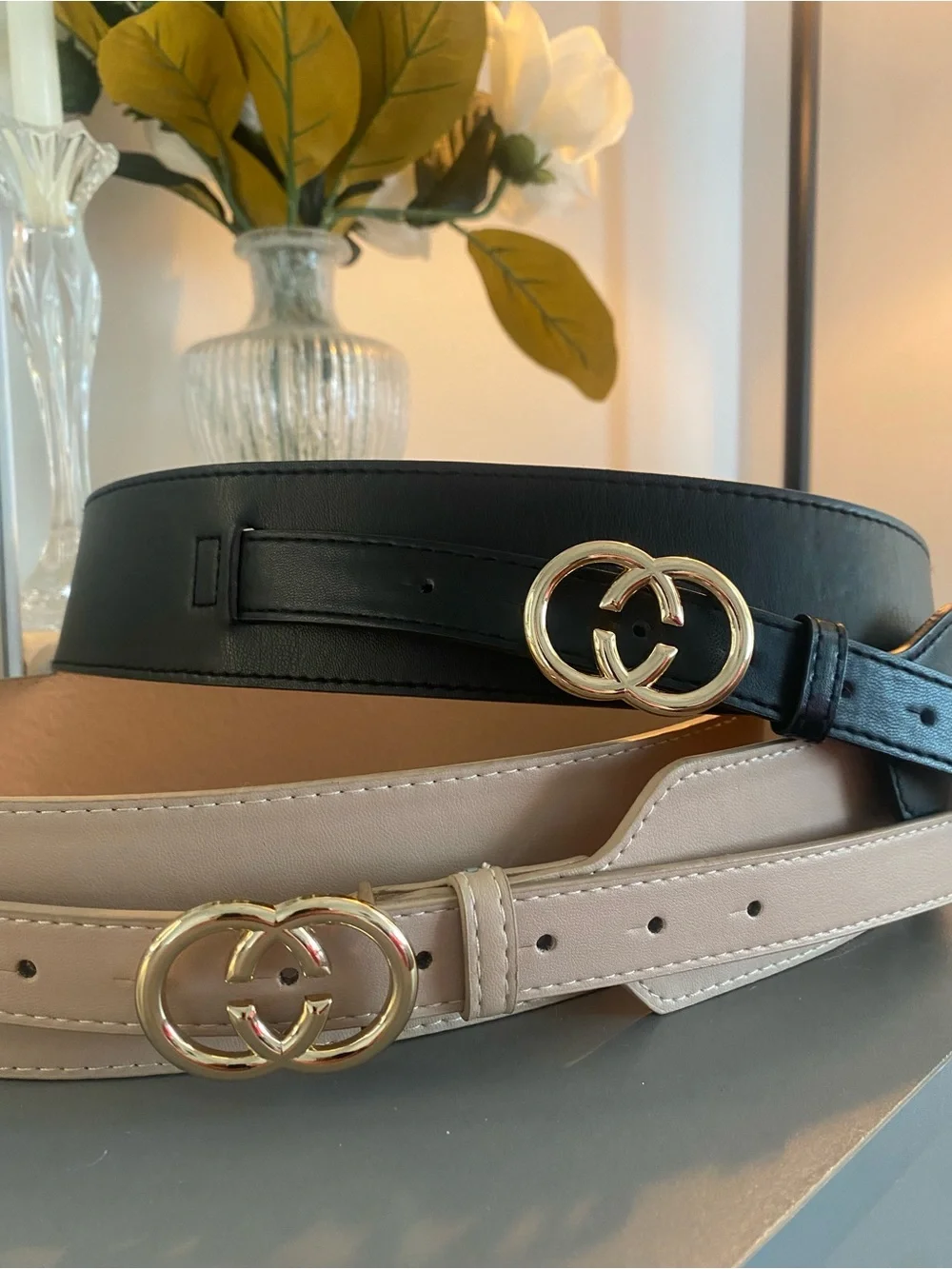 Designer Double-C Leather Belt in Black and Beige/NWOT